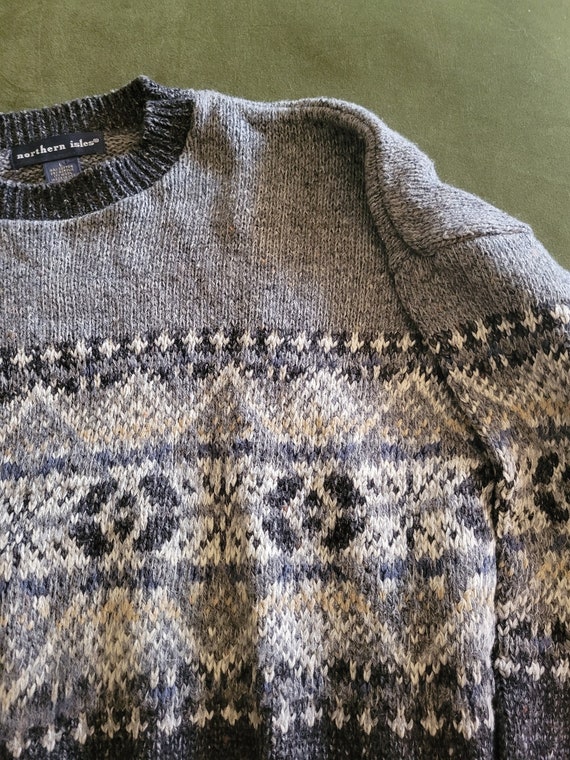 Vtg 1990s Gray Fair Isle Grandpa Sweater sz Large