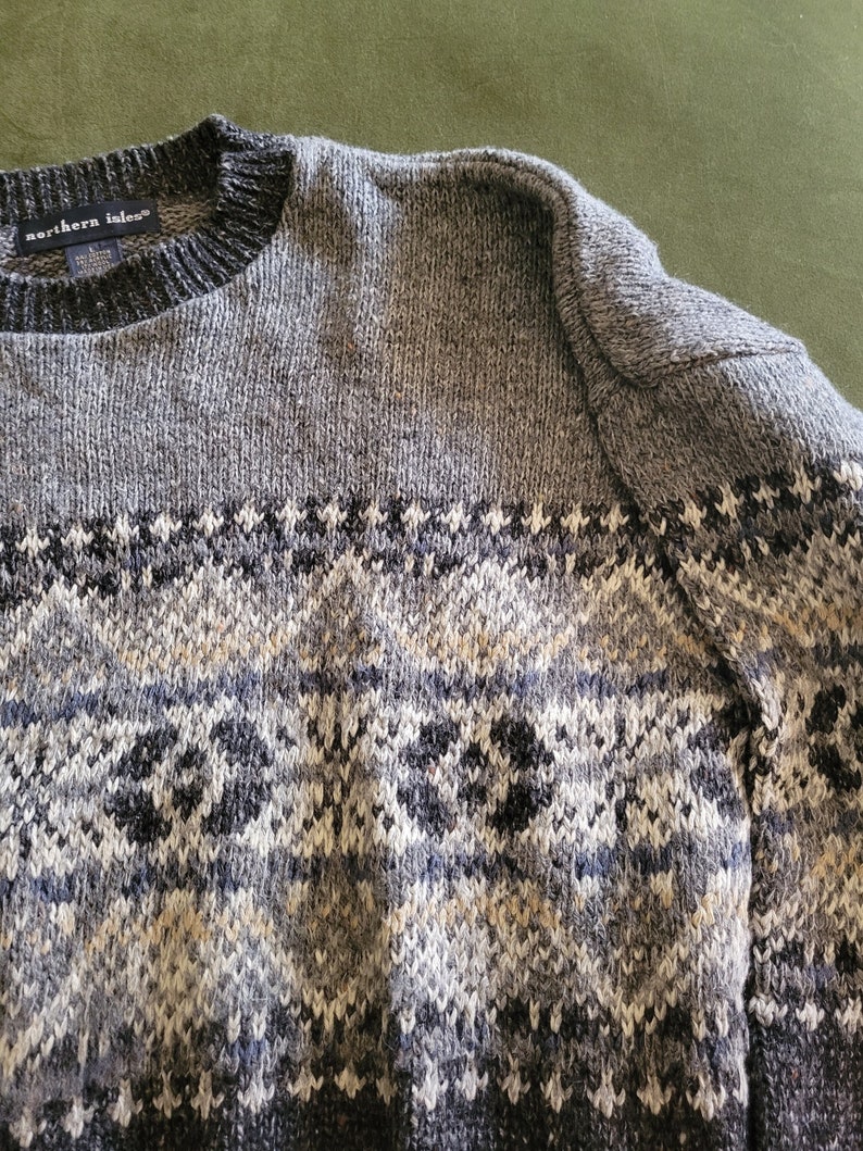 Vtg 1990s Gray Fair Isle Grandpa Sweater sz Large image 1