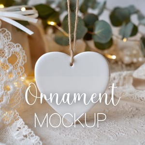 Ceramic Heart Shaped Personalized Ornament Mockup PNG, Blank Valentine&#39;s Day Ornament Mockup, Hanging White Heart Ornament Mockup