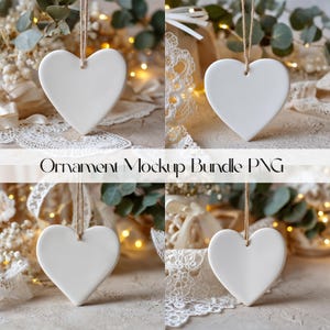 Ceramic Heart Shaped Ornament Mockup Bundle PNG, Set Of Blank Valentine&#39;s Day Ornament Mockup, Hanging White Heart Ornament Mockup