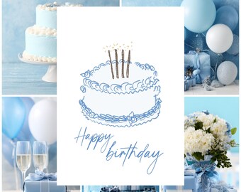 Carte de gâteau d'anniversaire bleue imprimable : carte de voeux à dessin simple (téléchargement PDF et JPEG