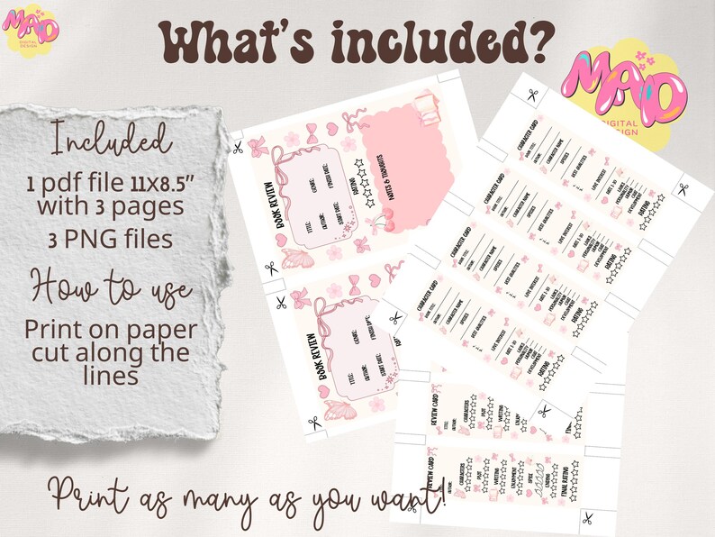 Puede incluir: Tarjetas digitales imprimibles de rese&ntilde;as de libros y personajes. La imagen muestra un dise&ntilde;o rosa y blanco con el texto "Book Review" y "Character Card". Las tarjetas est&aacute;n dise&ntilde;adas para imprimirse en papel A4 y recortarse a lo largo de las l&iacute;neas.
