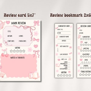 Puede incluir: Tarjetas y marcadores de rese&ntilde;as de libros rosas y blancos. La tarjeta de 12,7 x 17,8 cm tiene espacios para el t&iacute;tulo, el autor, el g&eacute;nero y la calificaci&oacute;n. El marcador de 5,1 x 15,2 cm tiene secciones para detalles de personajes y un sistema de calificaci&oacute;n. Lazos y corazones decorativos.