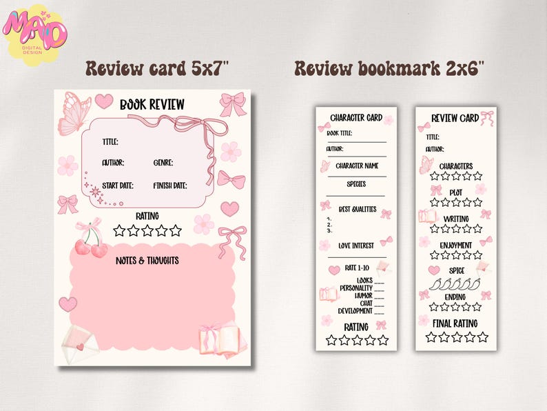 Puede incluir: Tarjetas y marcadores de rese&ntilde;as de libros rosas y blancos. La tarjeta de 12,7 x 17,8 cm tiene espacios para el t&iacute;tulo, el autor, el g&eacute;nero y la calificaci&oacute;n. El marcador de 5,1 x 15,2 cm tiene secciones para detalles de personajes y un sistema de calificaci&oacute;n. Lazos y corazones decorativos.
