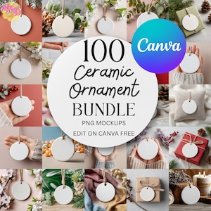 Op de afbeelding: Een verzameling witte keramische ornamenten met ophangtouwtjes, gepresenteerd in verschillende settings. De afbeelding bevat de tekst "100 Ceramic Ornament Bundle" en "Edit on Canva Free".