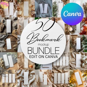 Puede incluir: Un paquete de maquetas de 50 marcadores de libros, exhibidos en varios entornos con elementos naturales como conchas, flores y tela. El texto en la imagen dice "50 Bookmark mockup BUNDLE EDIT ON CANVA". También hay un logotipo de Canva.