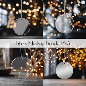May include: Four clear, round ornaments hanging from strings, each with a small hole at the top. The ornaments are displayed against a blurred background of warm, golden lights. Text at the bottom reads "Blank Mockup Bundle PNG".