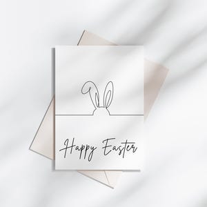Biglietto di auguri pasquale in bianco e nero minimale stampabile, biglietto di auguri con disegno a tratteggio del coniglietto pasquale, biglietto con cestino pasquale, biglietto di auguri pasquale semplice, download immediato