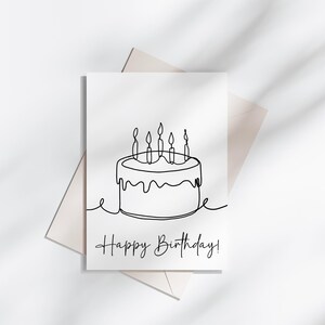 Tarjeta de cumpleaños minimalista en blanco y negro imprimible, tarjeta de felicitación con diseño de pastel de cumpleaños, tarjeta de feliz cumpleaños sencilla, descarga instantánea