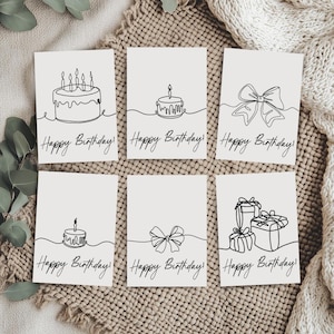 Set Of Black & White Birthday Cards Printable, Happy Birthday Greeting Card Bundle, Line Art Birthday Cake, Digital Birthday Cards