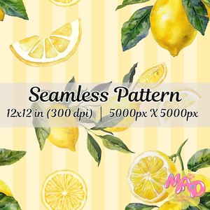 Könnte beinhalten: Ein nahtloses Muster mit Aquarell-Illustrationen von Zitronen und Blättern auf einem gelben und weißen gestreiften Hintergrund. Das Muster ist 12x12 Zoll (300 dpi) und 5000px x 5000px.