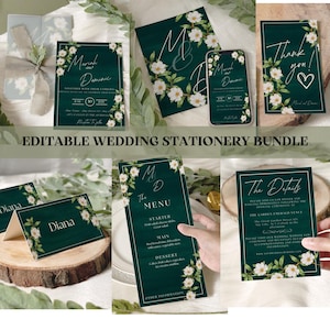 Elegantes smaragdgrünes Hochzeits-Briefpapier-Bundle, dunkle Hochzeitseinladungsvorlage bearbeitbare Canva, personalisiertes dunkelgrünes Hochzeits-Bundle