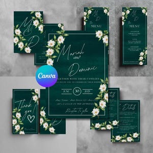 Pacote de papelaria elegante para casamento verde esmeralda, modelo de convite para casamento escuro editável Canva, pacote personalizado verde escuro para casamento