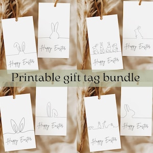 Peut inclure: Etiquettes cadeaux imprimables avec des dessins minimalistes de lapins et le texte "Joyeuses Pâques".