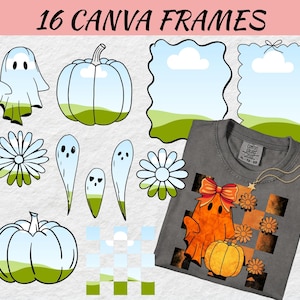 May include: Digital design elements featuring ghosts, pumpkins, and daisies. Includes a grey t-shirt with a ghost and pumpkin graphic. Text reads "16 Canva Frames", "Create Your Trendy Designs", and "Suitable with Canva Free".