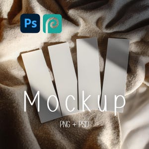 May include: Four rectangular white mockups arranged on a textured beige surface. The word "Mockup" is written across the bottom in a white, sans-serif font. The text "PNG + PSD" is below the word "Mockup". Adobe Photoshop and Adobe Illustrator icons are in the top left.