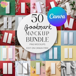 Puede incluir: Un paquete de maquetas de 50 marcadores, exhibidos en varios entornos con elementos decorativos. La imagen presenta el texto "50 Bookmark Mockup Bundle" y "Edit on Canva Free". El logotipo de Canva también es visible.