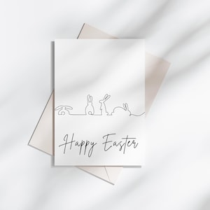 Carte de Pâques noir et blanc minimale imprimable, carte de voeux de dessin au trait lapin de Pâques, carte de panier de Pâques, carte de Pâques simple, téléchargement immédiat