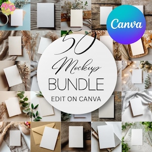 50 uitnodigingsbundel met mock-up, bewerken op canvas, digitale productmock-upset, canvaslijst, wenskaarten PNG, mock-ups met slepen en neerzetten voor verkoper
