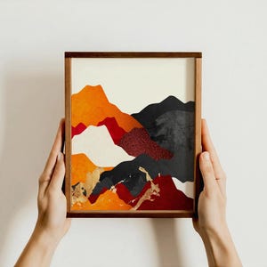 Arte de parede de montanha abstrata, cartão de felicitações para impressão, estética escura, arte digital contemporânea, arte em tons quentes