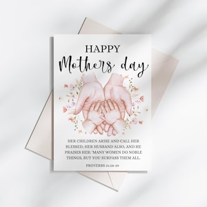 Tarjeta floral imprimible para el Día de la Madre, tarjeta de felicitación con versículo bíblico, regalo cristiano para madres.