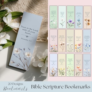May include: A collection of 20 Bible scripture bookmarks with floral designs. Each bookmark features a different verse and a watercolor illustration of flowers. The main bookmark has the text "Trust in the Lord with all your heart. Proverbs 3:5."