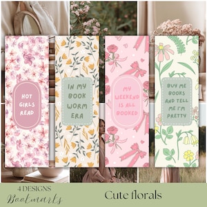 Puede incluir: Cuatro marcadores de diseño floral. Un marcador rosa tiene el texto "HOT GIRLS READ". Otro tiene "IN MY BOOK WORM ERA". El tercero tiene "MY WEEKEND IS ALL BOOKED". El último tiene "BUY ME BOOKS AND TELL ME I'M PRETTY".