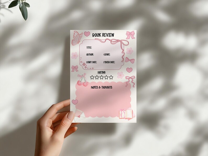 Puede incluir: Una hoja de revisi&oacute;n de libro rosa con elementos decorativos. La hoja incluye secciones para t&iacute;tulo, autor, g&eacute;nero, fechas, calificaci&oacute;n y notas. Adornada con lazos, corazones y una mariposa.