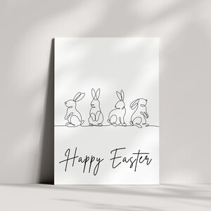 Carte de Pâques noir et blanc minimale imprimable, carte de voeux de dessin au trait lapin de Pâques, carte de panier de Pâques, carte de Pâques simple, téléchargement immédiat