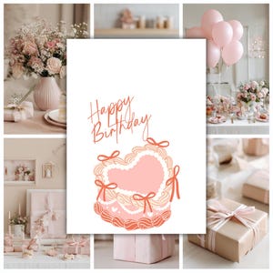 Pink Birthday Cake Happy Birthday Card Printable, Birthday Coquette  Greeting Card, Simple Happy Birthday Card, Instant Download