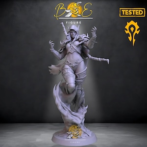 May include: A grey 3D printed figurine of a female elf warrior with a sword and a bow. The figurine is standing on a base with the words "FIGURE" printed on it. The background is a grey wall with the words "BoE FIGURE" and "TESTED" printed in yellow.