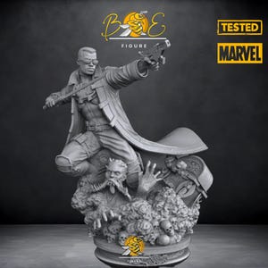 May include: A gray, detailed, 3D printed action figure of a superhero standing on a base with skulls and other details. The figure is holding a gun in one hand and a sword in the other. The figure is wearing a long coat and has a determined expression on his face. The base is surrounded by a cloud of smoke. The figure is labeled "Tested Marvel".