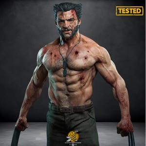 May include: A detailed action figure of a muscular character with a serious expression, wearing dog tags and olive-green pants. The figure has blood effects and metal claws. The word "TESTED" is in a yellow box in the upper right corner.