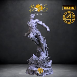 May include: A grey, detailed, 3D printed figurine of a person with flowing hair and a dynamic pose, standing on a base with a textured surface. The figurine is labelled "BOE FIGURE" and "TESTED 4".