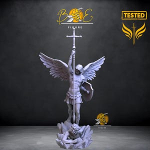 May include: A white 3D printed miniature of an angel with wings, holding a sword and standing over a fallen figure. The angel is wearing armor and has a shield on its arm. The miniature is on a base with a rocky texture.