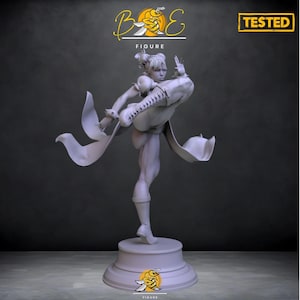 May include: A light gray figure of a woman in a dynamic martial arts pose. The figure is on a round base with a logo. The figure is wearing a short dress, boots, and a cape. The figure is labeled "TESTED" and "FIGURE".