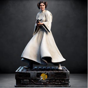 May include: A detailed figure of a woman in a white gown, holding a blaster. The figure stands on a metallic base with the word "FIGURE" visible. The woman has her hair styled in two side buns.