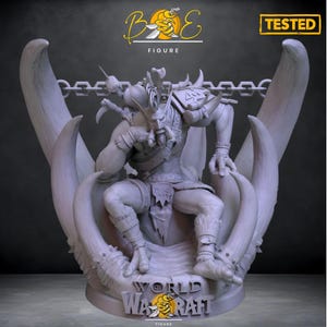 May include: A grey figure of a warrior seated on a tusk-like structure. The figure is wearing armour, horns, and has a beard. The base of the figure has the text "WORLD OF WARCRAFT" and a bee logo.