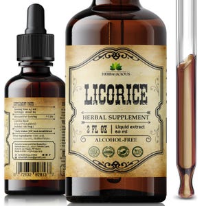 May include: A brown glass bottle of Herbalicious Licorice herbal supplement. The label reads "2 FL OZ Liquid extract 60 ml Alcohol-Free." A dropper is visible, filled with the licorice liquid. The bottle has a black cap.