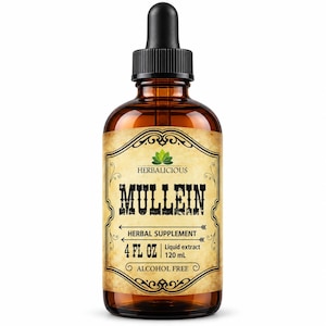 May include: An amber glass dropper bottle containing liquid extract. The label features a green leaf logo, the text HERBALICIOUS, MULLEIN, HERBAL SUPPLEMENT, 4 FL OZ, 120 mL, and ALCOHOL FREE. The bottle has a black dropper cap.