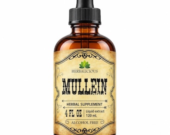 Könnte beinhalten: Eine braune Glastropfflasche mit Flüssigextrakt. Das Etikett zeigt ein grünes Blattlogo, den Text HERBALICIOUS, MULLEIN, HERBAL SUPPLEMENT, 4 FL OZ, 120 mL und ALCOHOL FREE. Die Flasche hat einen schwarzen Tropfverschluss.