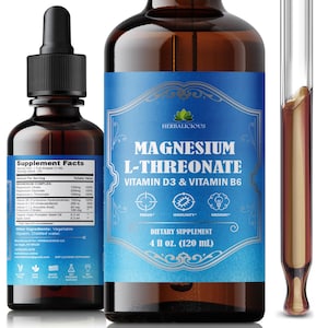 May include: Two brown glass bottles of dietary supplement, one with a dropper and the other with a label. The label reads "Magnesium L-Threonate Vitamin D3 & Vitamin B6" and "120 mL." A clear dropper with a brown liquid is visible.