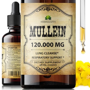 May include: A brown glass bottle with a dropper, labeled "Herbalicious Mullein 120,000 MG Lung Cleanse* Respiratory Support* Dietary Supplement 4 fl oz. (120ml)".