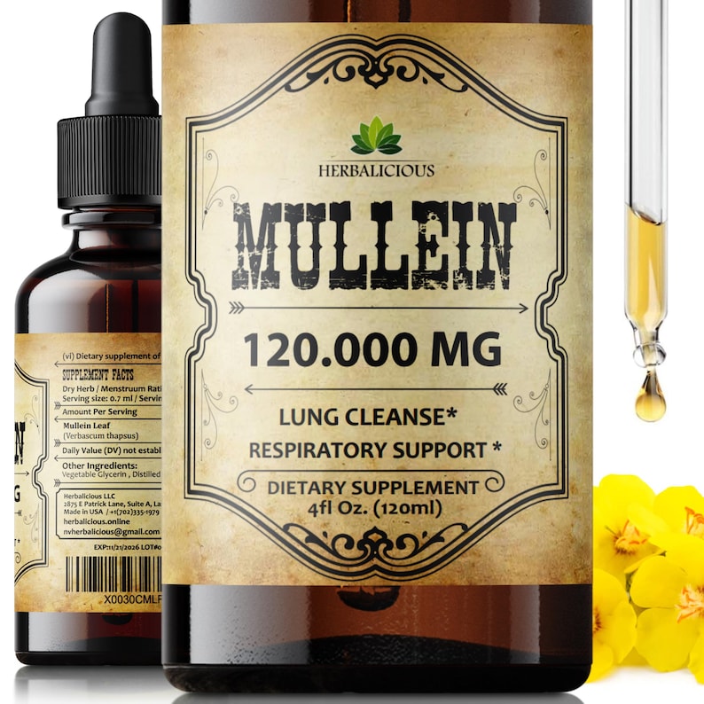 May include: A brown glass bottle with a dropper, labeled "Herbalicious Mullein 120,000 MG Lung Cleanse* Respiratory Support* Dietary Supplement 4 fl oz. (120ml)".