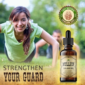May include: A woman in a green shirt does a push-up exercise outdoors. A bottle of Mullein 120,000 mg Lung Cleanse and Respiratory Support dietary supplement is in the foreground. The bottle has a brown label with a green leaf design and the text "100% Natural" in a circle.