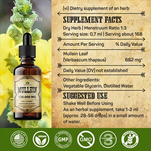 May include: A brown glass bottle with a dropper, labeled "Mullein 120,000 MG Lung Cleanse Respiratory Support Dietary Supplement". The bottle is surrounded by yellow flowers and has a label with the words "Herbalicious" and "Crafted in USA 100% Quality".