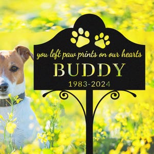Puede incluir: Estaca de jardín conmemorativa para mascotas de metal negro con el nombre "Buddy", huellas de patas y los años 1983-2024. El letrero dice "dejaste huellas de patas en nuestros corazones". Un Jack Russell Terrier está en el fondo.