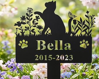 Custom Cat Memorial Stake,Personalized Metal Cat Grave Marker,Metal Pet Name Plaque,Cat Memorial Stake with Flowers,Custom Cat Garden Decor