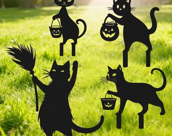 Estaca de metal para jardín con forma de gato de Halloween, letreros de Halloween para jardín, letrero de bruja y gato, decoración de Halloween para jardín