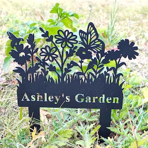Personalized Garden Metal Sign with Stakes,Custom Garden Name Sign,Flower Metal Garden Decor,Butterfly Metal Garden Stake,Metal Yard Art